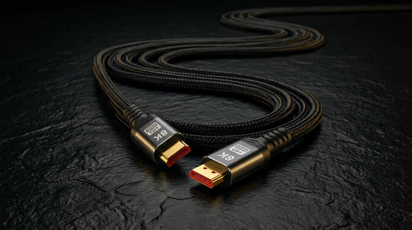 Long braided HDMI cable coiled into darkness