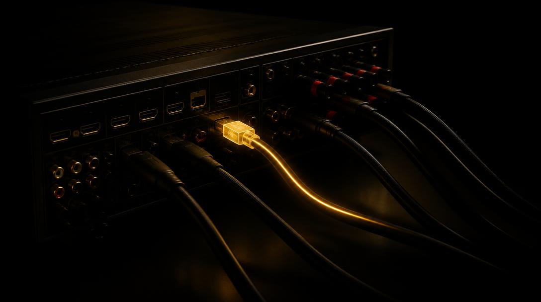 Rear panel of an AV receiver with one cable glowing gold