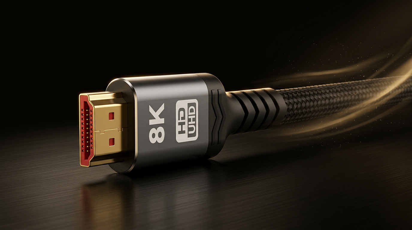 Gold data streams flowing into an HDMI connector