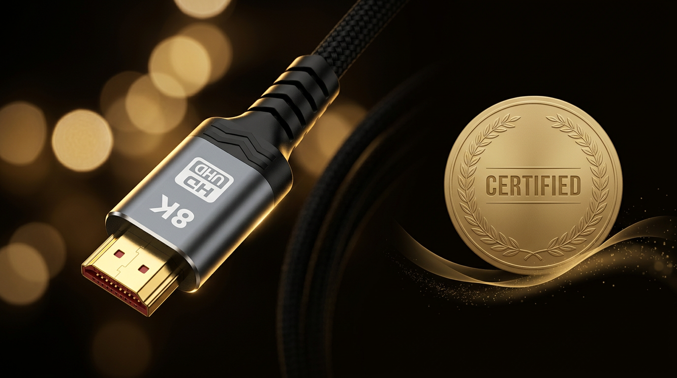 HDMI connector beside a gold certification seal