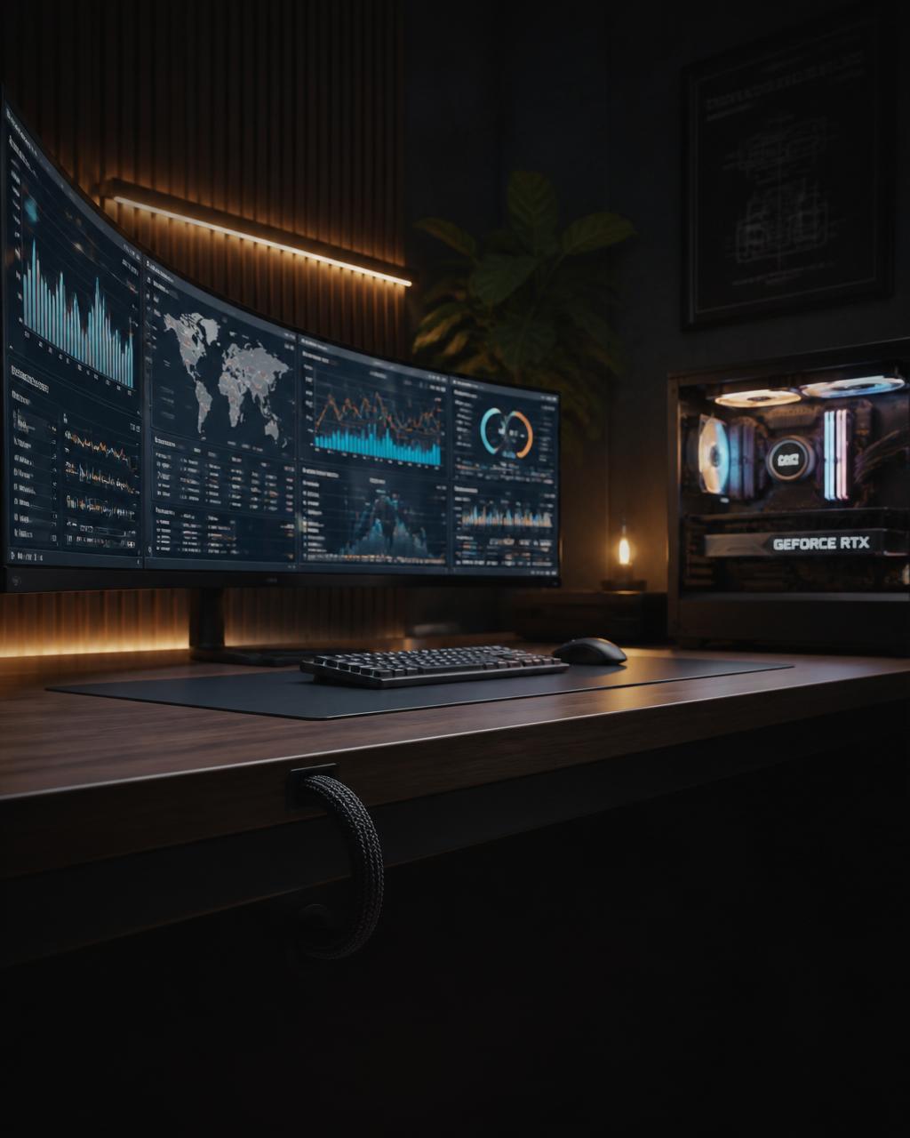 Professional high-end workstation with multi-monitor setup and premium GPU